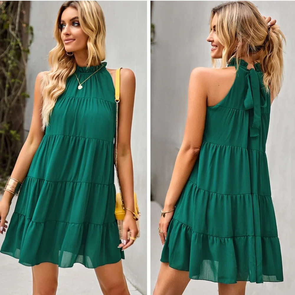 Green Tie Back Ruffle Collar Tiered Dress - Picture 1 of 2